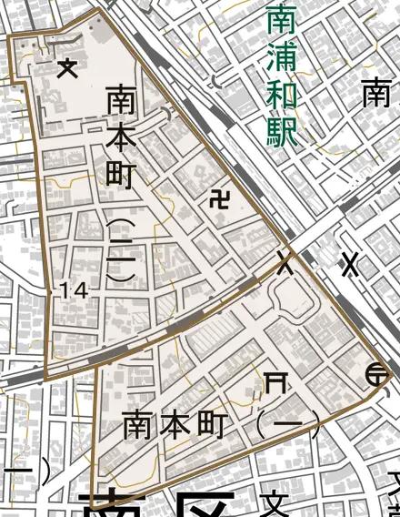南本町とその周辺の地図。町の範囲を重ねている