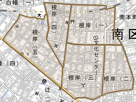 根岸とその周辺の地図。町の範囲を重ねている