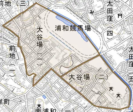 大谷場とその周辺の地図。町の範囲を重ねている