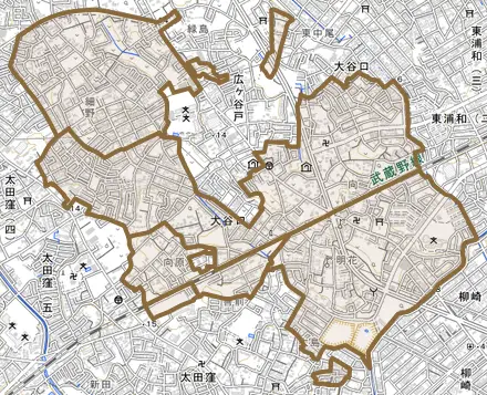 大字大谷口とその周辺の地図。町の範囲を重ねている