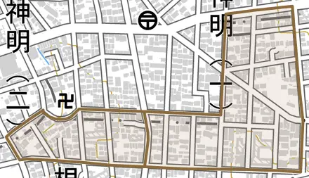 神明とその周辺の地図。町の範囲を重ねている