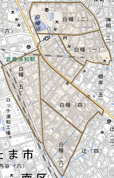 白幡とその周辺の地図。町の範囲を重ねている