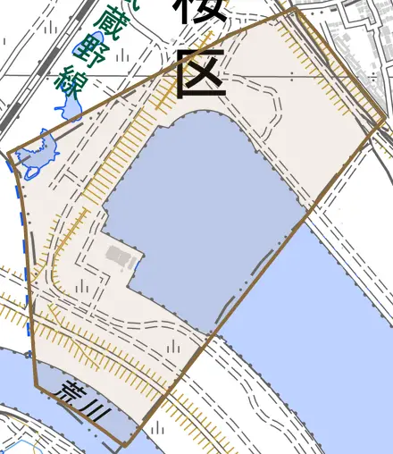 大字堤外とその周辺の地図。町の範囲を重ねている