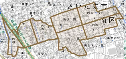 内谷とその周辺の地図。町の範囲を重ねている