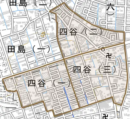 四谷とその周辺の地図。町の範囲を重ねている