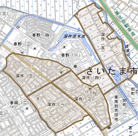 深作とその周辺の地図。町の範囲を重ねている