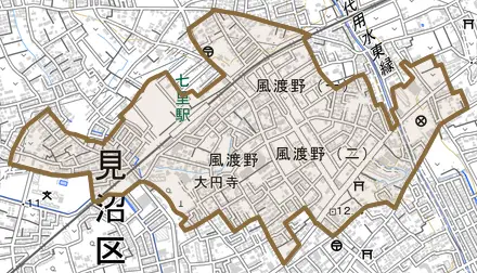 大字風渡野とその周辺の地図。町の範囲を重ねている