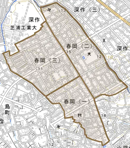 春岡とその周辺の地図。町の範囲を重ねている