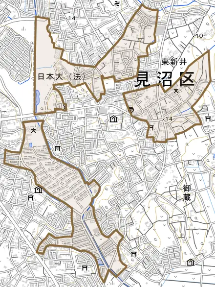 大字東新井とその周辺の地図。町の範囲を重ねている