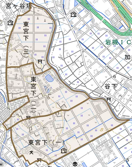 東宮下とその周辺の地図。町の範囲を重ねている