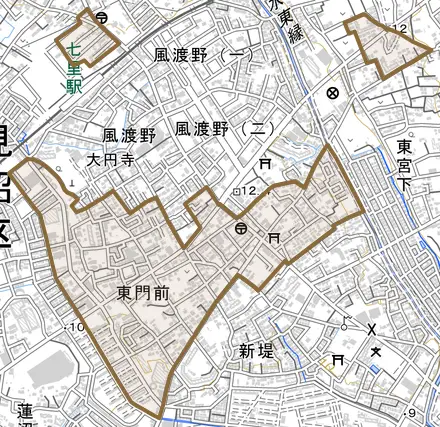 大字東門前とその周辺の地図。町の範囲を重ねている
