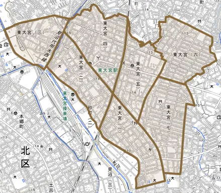 東大宮とその周辺の地図。町の範囲を重ねている