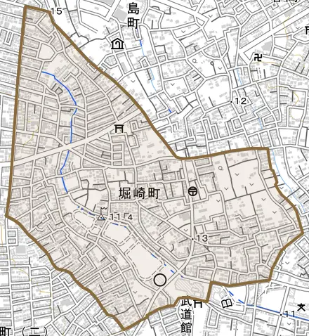 堀崎町とその周辺の地図。町の範囲を重ねている