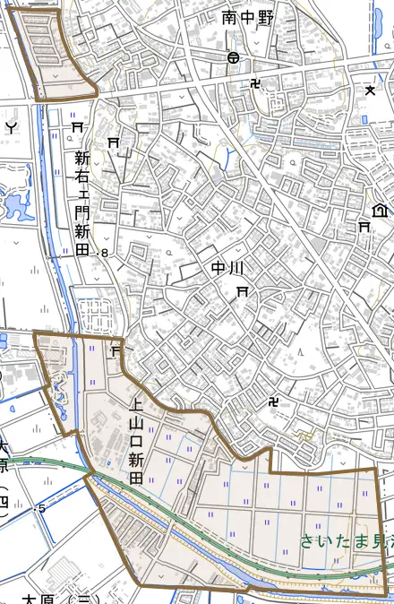 大字上山口新田とその周辺の地図。町の範囲を重ねている