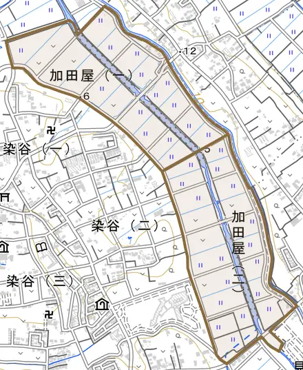 加田屋とその周辺の地図。町の範囲を重ねている