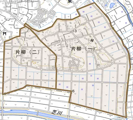 片柳とその周辺の地図。町の範囲を重ねている