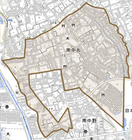 大字南中丸とその周辺の地図。町の範囲を重ねている