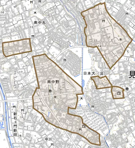 大字南中野とその周辺の地図。町の範囲を重ねている