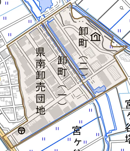 卸町とその周辺の地図。町の範囲を重ねている