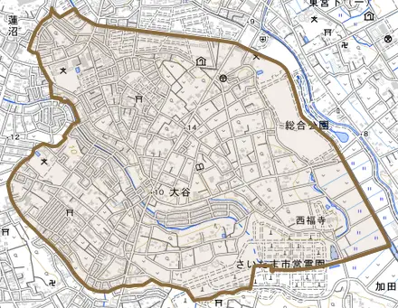 大字大谷とその周辺の地図。町の範囲を重ねている