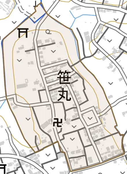 大字笹丸とその周辺の地図。町の範囲を重ねている