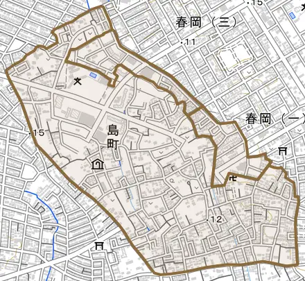 島町とその周辺の地図。町の範囲を重ねている