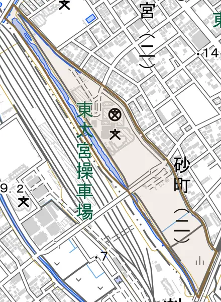 砂町とその周辺の地図。町の範囲を重ねている