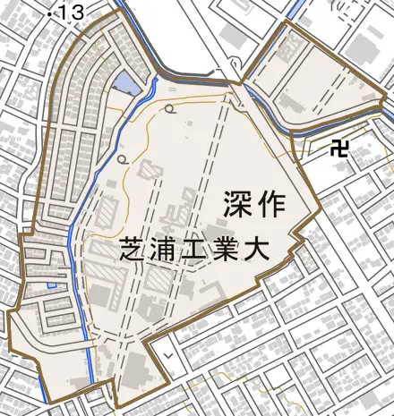 大字深作とその周辺の地図。町の範囲を重ねている