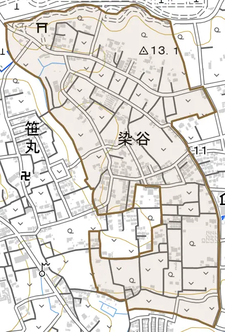 大字染谷とその周辺の地図。町の範囲を重ねている