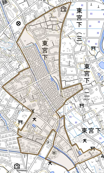 大字東宮下とその周辺の地図。町の範囲を重ねている