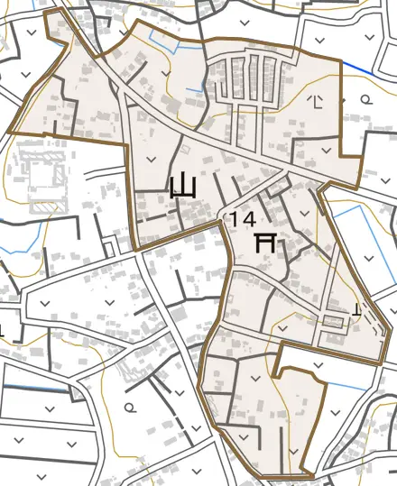 大字山とその周辺の地図。町の範囲を重ねている