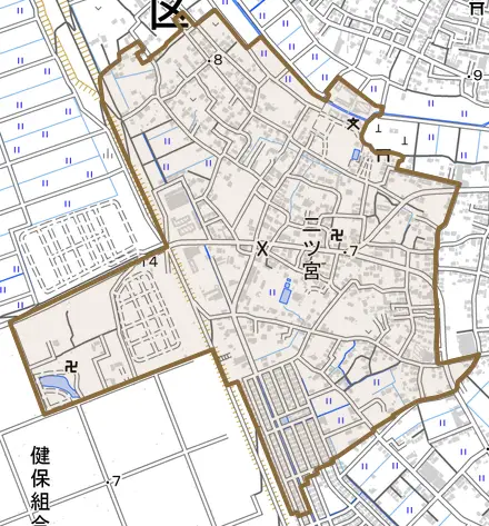 大字二ツ宮とその周辺の地図。町の範囲を重ねている