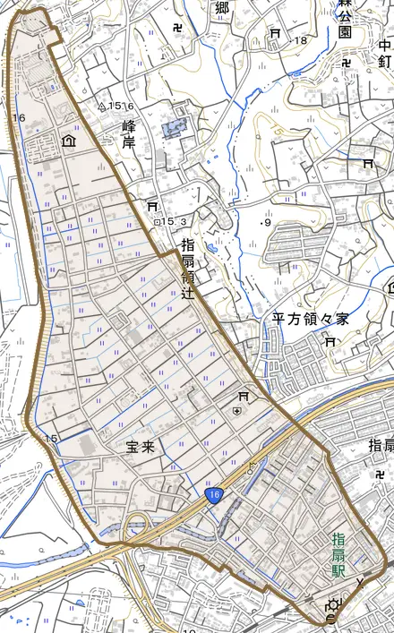 大字宝来とその周辺の地図。町の範囲を重ねている