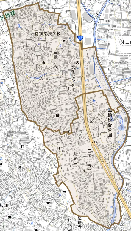 三橋とその周辺の地図。町の範囲を重ねている