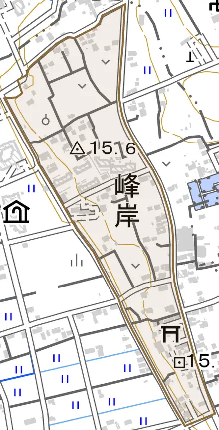 大字峰岸とその周辺の地図。町の範囲を重ねている