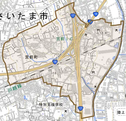 宮前町とその周辺の地図。町の範囲を重ねている