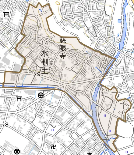 大字水判土とその周辺の地図。町の範囲を重ねている