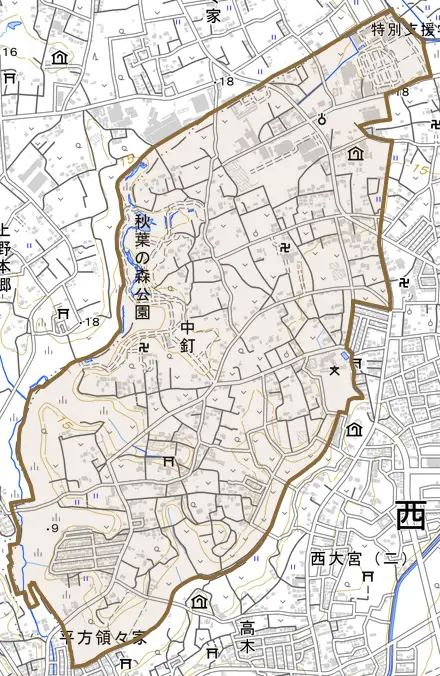 大字中釘とその周辺の地図。町の範囲を重ねている