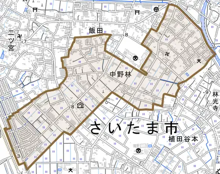 大字中野林とその周辺の地図。町の範囲を重ねている