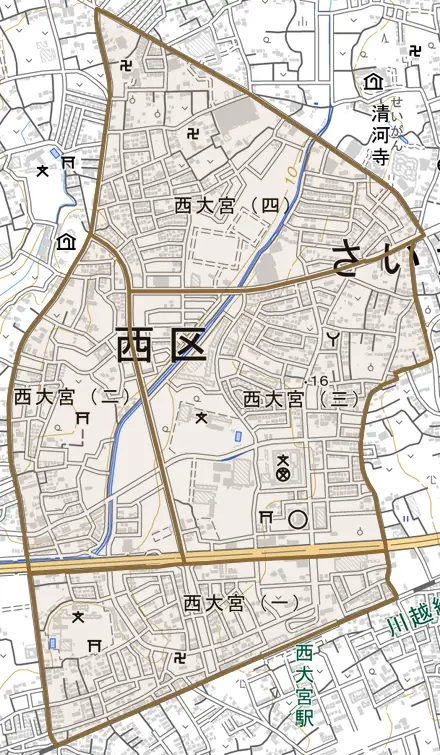 西大宮とその周辺の地図。町の範囲を重ねている
