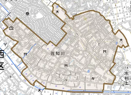 大字佐知川とその周辺の地図。町の範囲を重ねている