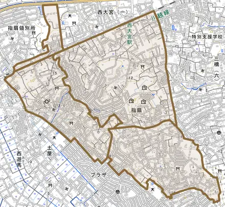 大字指扇とその周辺の地図。町の範囲を重ねている