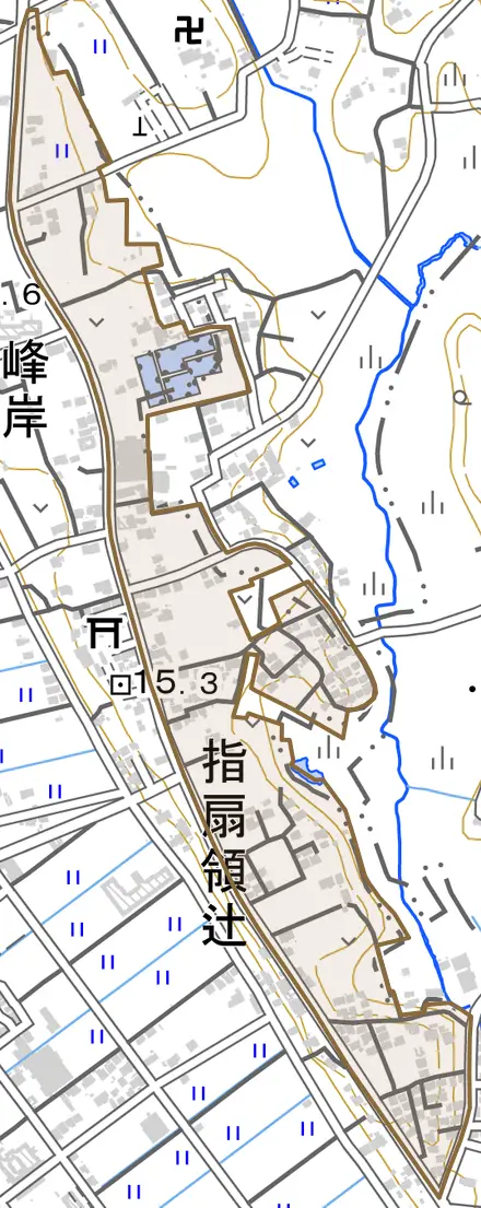 大字指扇領辻とその周辺の地図。町の範囲を重ねている
