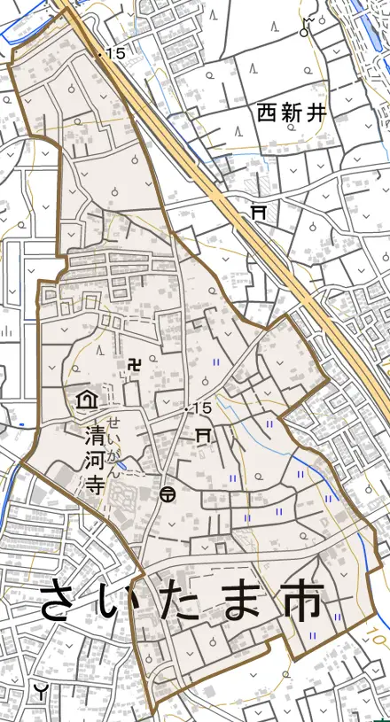 大字清河寺とその周辺の地図。町の範囲を重ねている