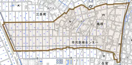 大字島根とその周辺の地図。町の範囲を重ねている