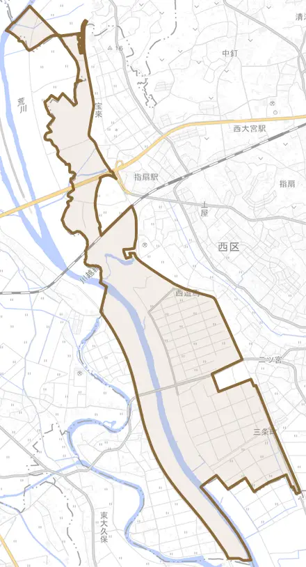 大字昭和とその周辺の地図。町の範囲を重ねている