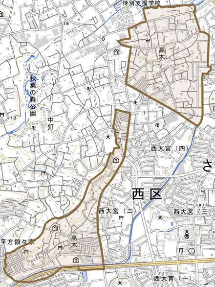 大字高木とその周辺の地図。町の範囲を重ねている