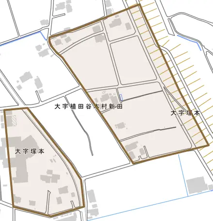 大字塚本とその周辺の地図。町の範囲を重ねている