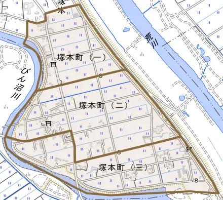 塚本町とその周辺の地図。町の範囲を重ねている