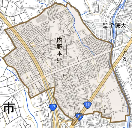 大字内野本郷とその周辺の地図。町の範囲を重ねている